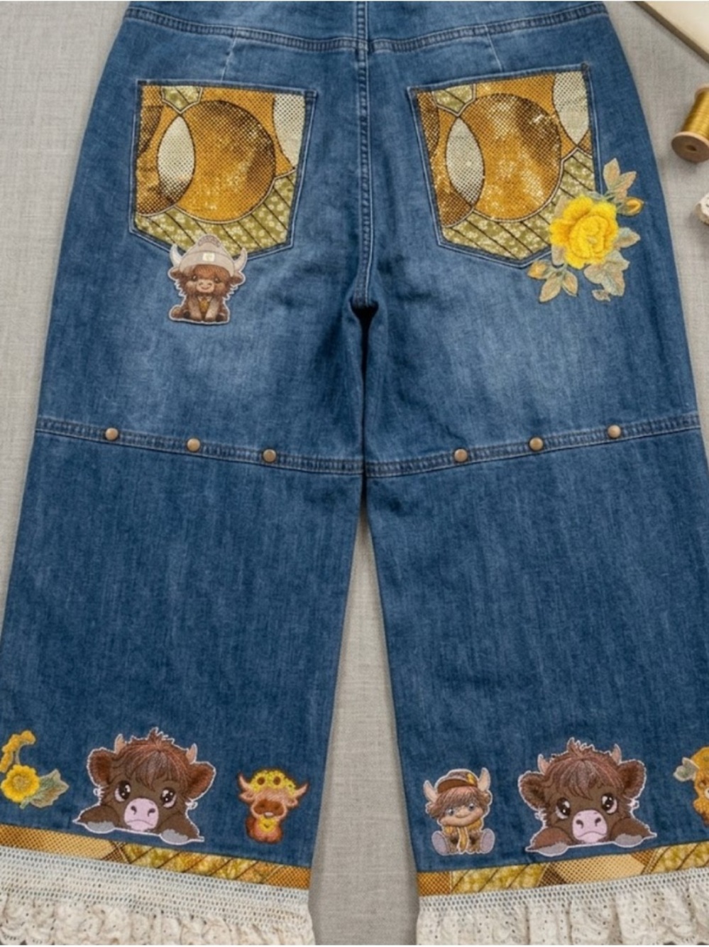 Embellished Animal Denim Wide-Leg Pants OOAK RARE Couture